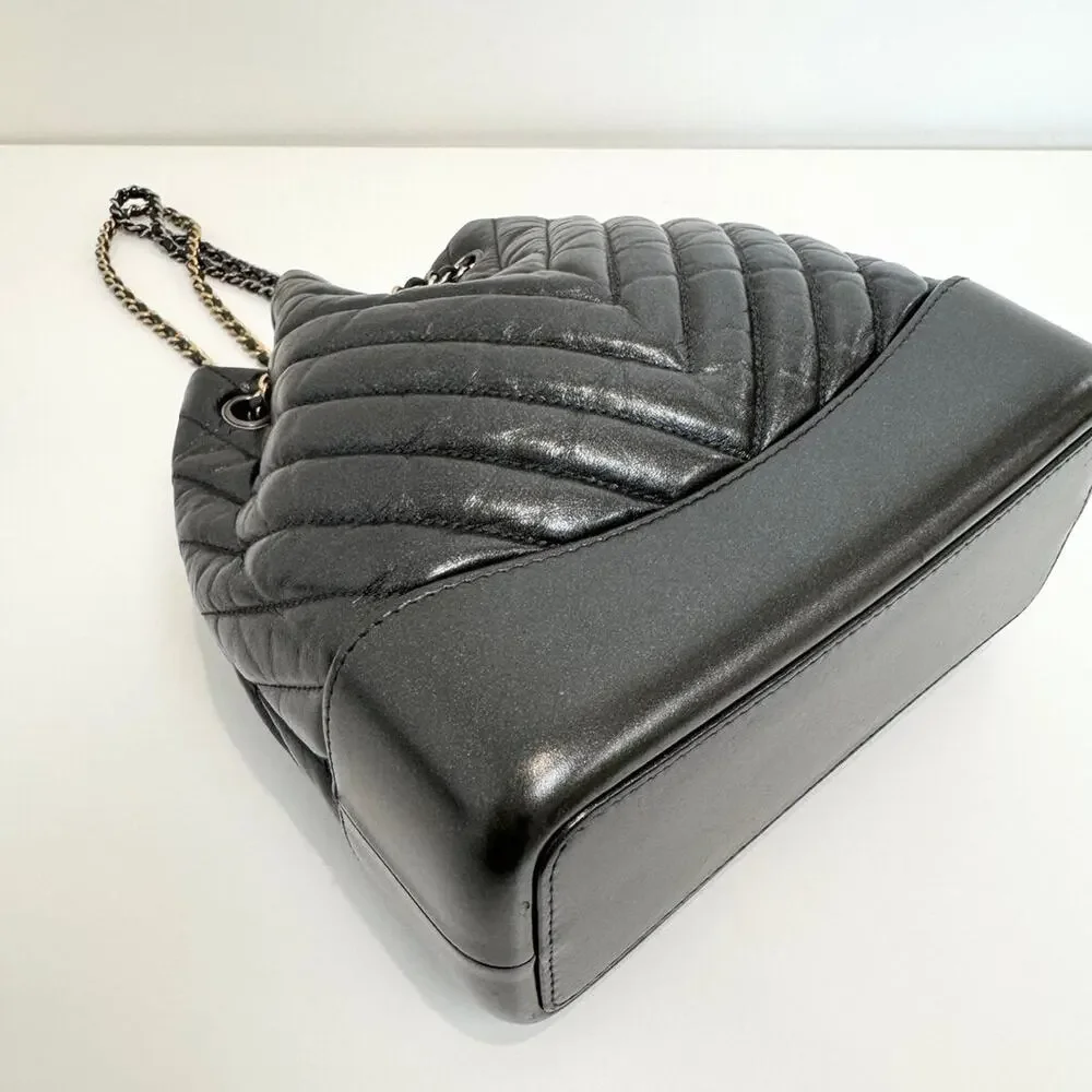CHANEL Metallic Gunmetal Gray Chevron Quilted Gabrielle Backpack Aged Calfskin